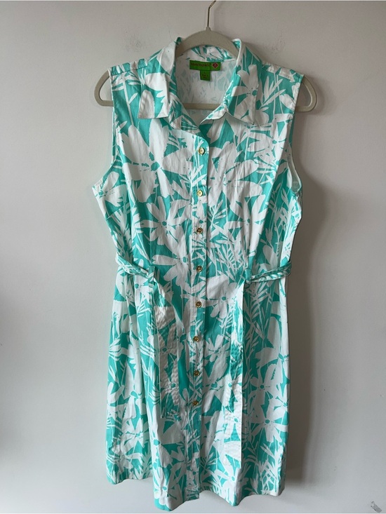 Island Republic Dresses & Skirts - Island Republic Sleeveless Teal & White Floral Shirt Dress Tie Waist 100% Cotton